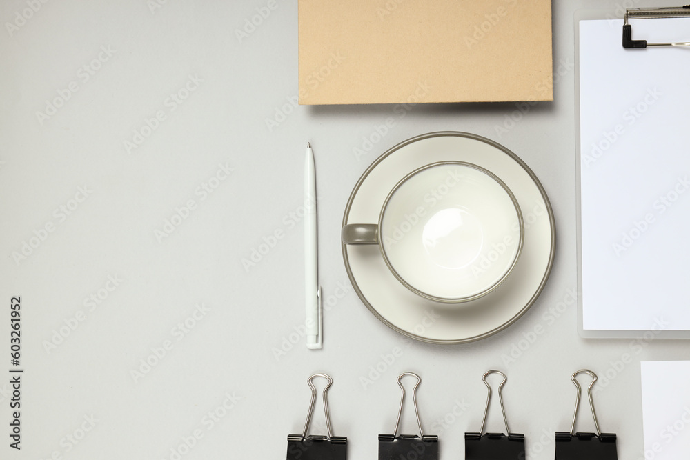 Mockup flat lay with different office accessories on light gray background Mockup flat lay with different office accessories on light gray background