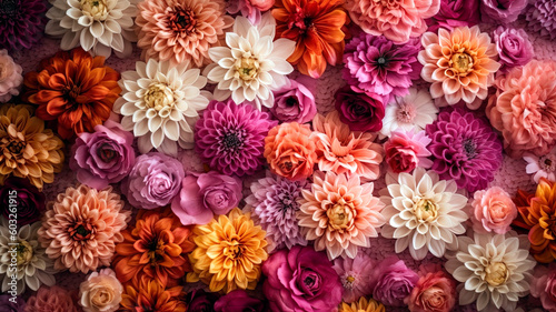 Wall background adorned with vibrant chrysanthemum flowers in hues of red, orange, pink, purple, green, and white.