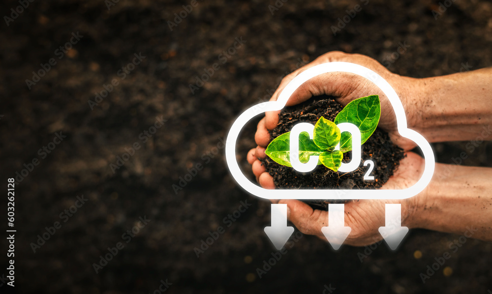 Reduce CO2 emission concept. Renewable energy-based green businesses can limit climate change and global warming. - obrazy, fototapety, plakaty 