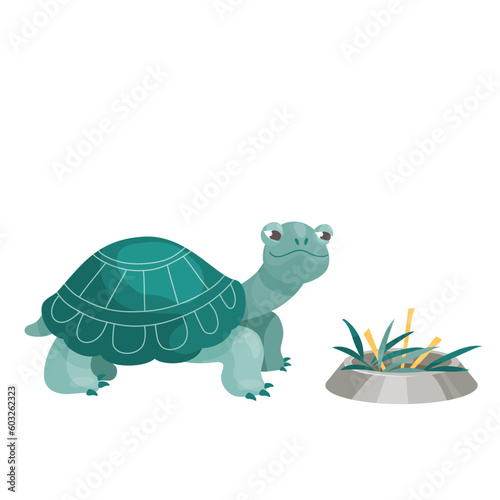 Green cute tortoise with food bowl. Vector cartoon illustration. 