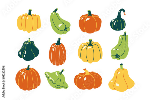 Set of colorful pumpkins. Vector hand drawn illustrations. 
