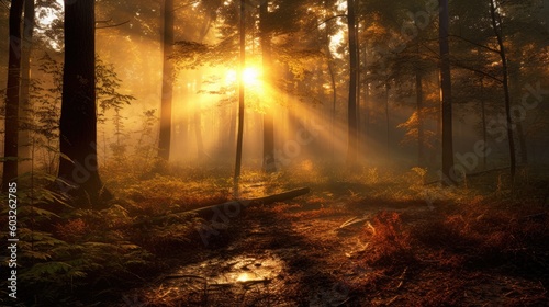 Awe-inspiring beauty of a misty forest at sunrise  where nature s magic unfolds. As the sun gently rises  its golden rays penetrate the dense foliage  illuminating the enchanting scene. Generative AI