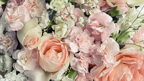 Fototapeta Naklejka Na Ścianę i Meble -  Pastel colors flowers with pink rose and carnation, flowers patterns blooming for wallpaper or wedding card background