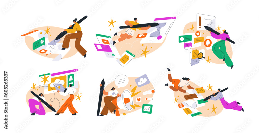 Digital content, internet marketing, online business, communication, concept set. Creating designs, graphics for creative advertising campaigns. Flat vector illustrations isolated on white background