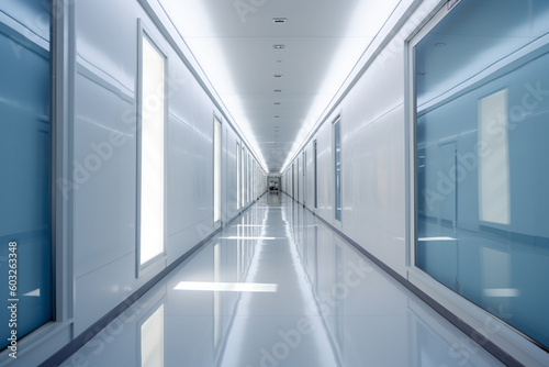 the corridor of a modern office building showing white walls with Generative AI