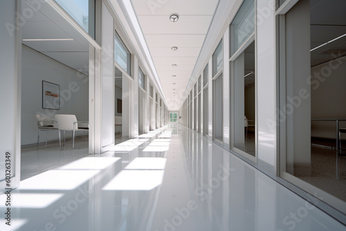the corridor of a modern office building showing white walls with Generative AI