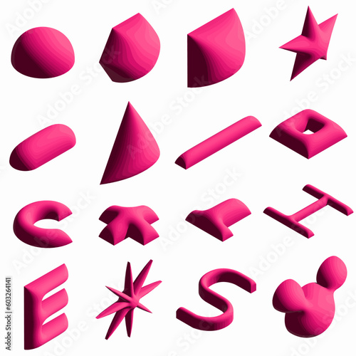 Geometric Shapes set. Modern 3d hologram pink object, neon gradient design. Vector concept.