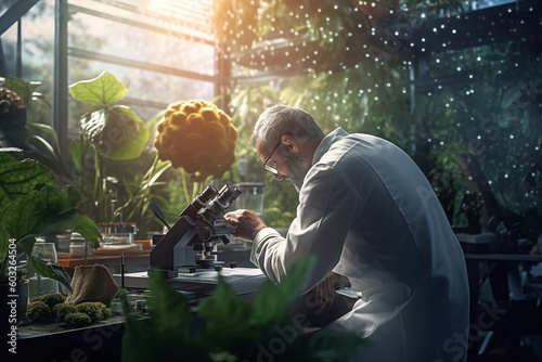 a scientist conducting a sample microscopy in a greenhouse with Generative AI