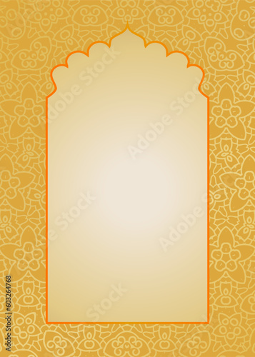 Indian golden window in Mughal style vector oriental frame design template, place for text postcard, wedding invitation