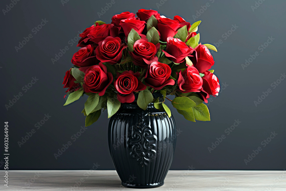 Red roses arranged in a black vase.