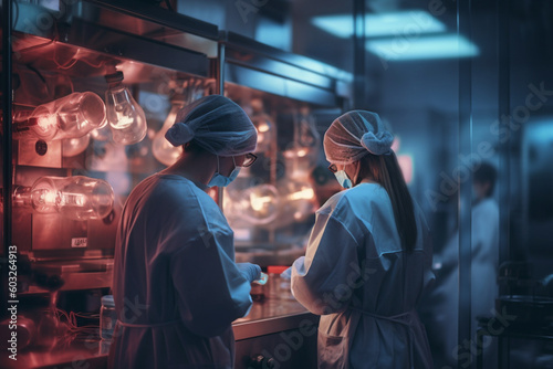 a couple of women wearing a medical gown preparing medical equipment in medical laboratory with Generative AI