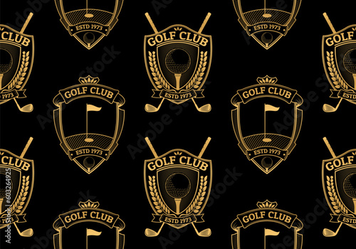 Golf seamless pattern or background with crossed golf clubs and ball on tee. Vintage shield emblem with laurel wreath and ribbon. Sport tournament or championship print design. Vector illustration.