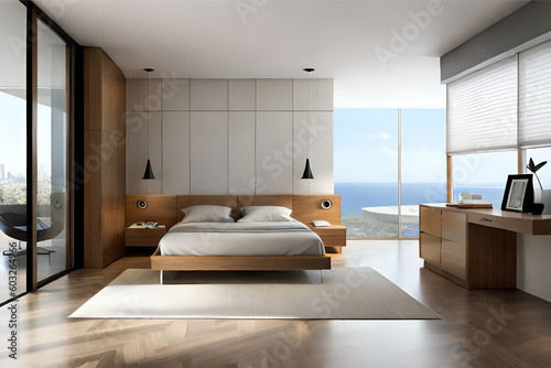 Interior design of a minimalist bedroom with luxurious fabrics  light colors  and big glass windows that exudes tranquility and simplicity   Generative AI