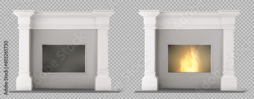 Isolated realistic white electric fireplace vector set. 3d fire place object on transparent background with natural flame for apartment interior design. Burning indoor luxury mantel illustration.