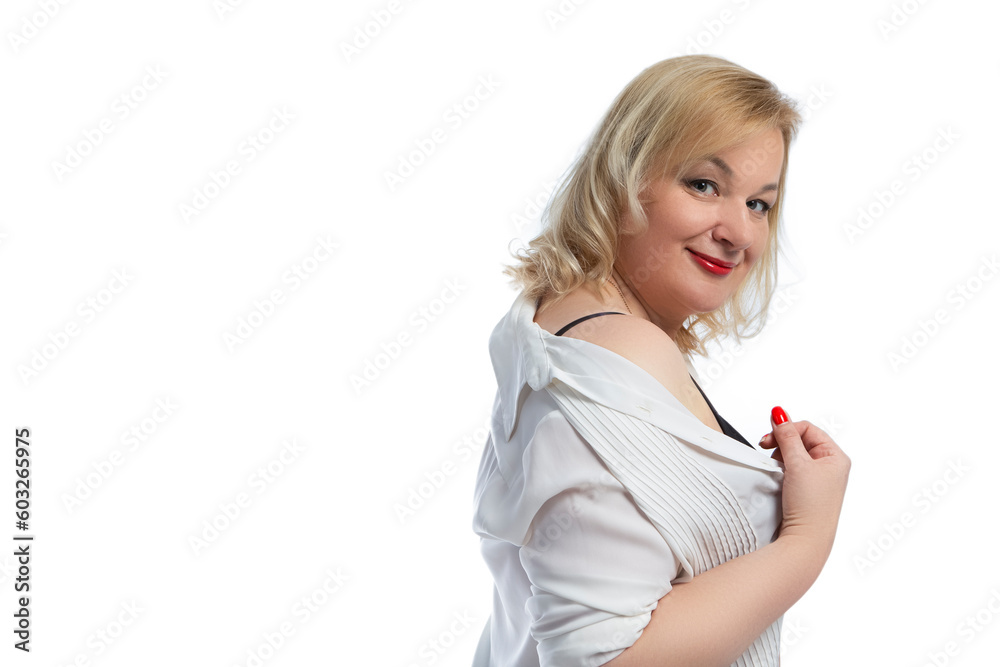 Alluring Winsome Mature Confident Caucasian Woman in White Sensual Shirt Posing With Hands Folded Over White Alluring Winsome Mature Confident Caucasian Woman in White Sensual Shirt Posing With Hands Folded Over White
