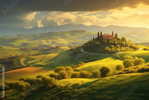 Captivating Tuscan countryside bathed in the soft glow of evening, showcasing the breathtaking beauty of a lush green field Italian landscape, generative ai beautiful art