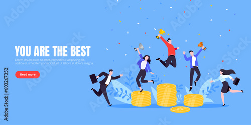 People standing on the money podium rank first three places, jumps in the air with trophy cup. Employee recognition and competition award winner business concept flat style design vector illustration.