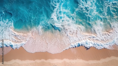 Ocean waves on the beach as a background. Beautiful natural summer vacation holidays background. Aerial top down view of beach and sea with blue water waves