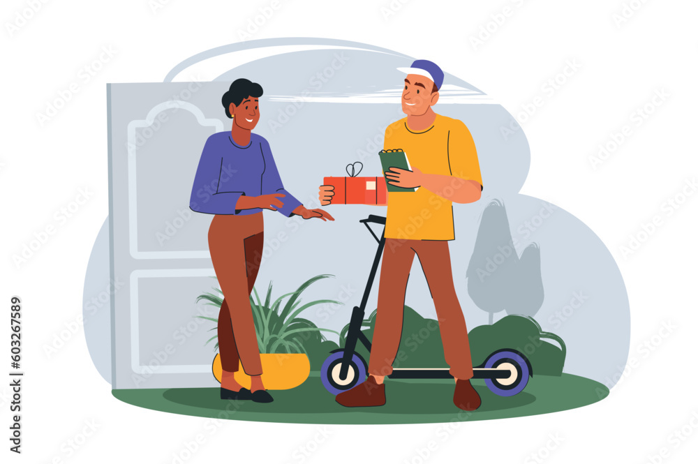 Concept delivery with people scene in the flat cartoon style. The courier brought the present box to the customer. Vector illustration. Concept delivery with people scene in the flat cartoon style. The courier brought the present box to the customer. Vector illustration.