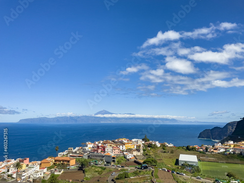 Beautiful little village of Agulo on La Gomera, on the horizon you can see the island of Tenerife