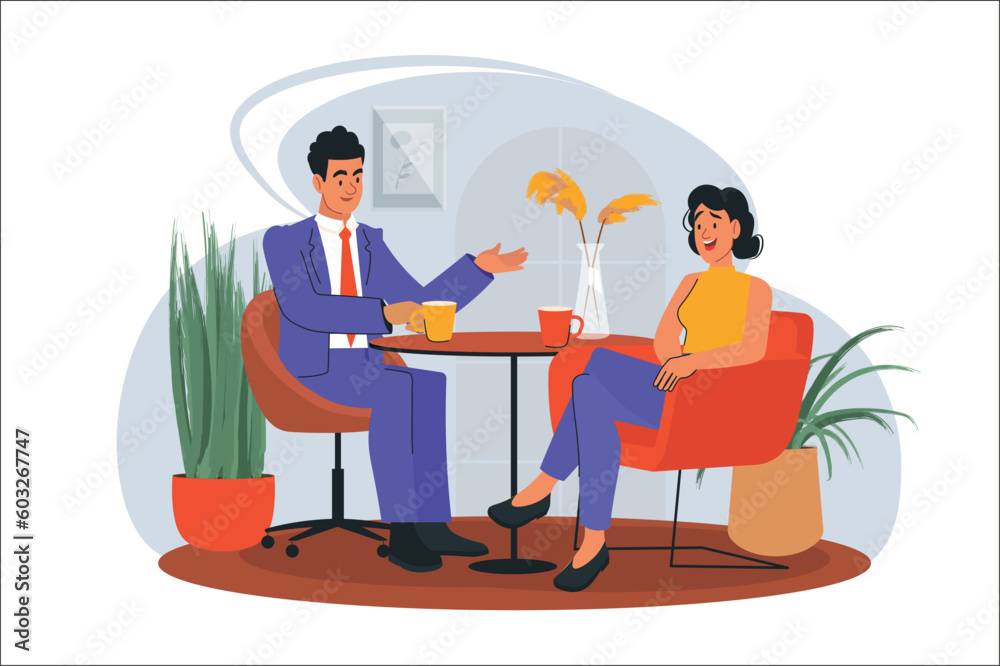 Date concept with people scene in the flat cartoon design. Young couple is actively discussing some topic over a cup of coffee. Vector illustration. Date concept with people scene in the flat cartoon design. Young couple is actively discussing some topic over a cup of coffee. Vector illustration.