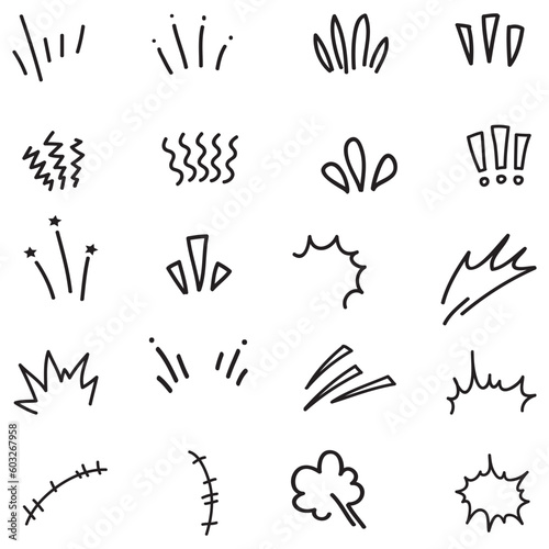 Vector set of hand-drawn cartoony expression sign doodle  curve directional arrows  emoticon effects design elements  cartoon character emotion symbols  cute decorative brush stroke lines.