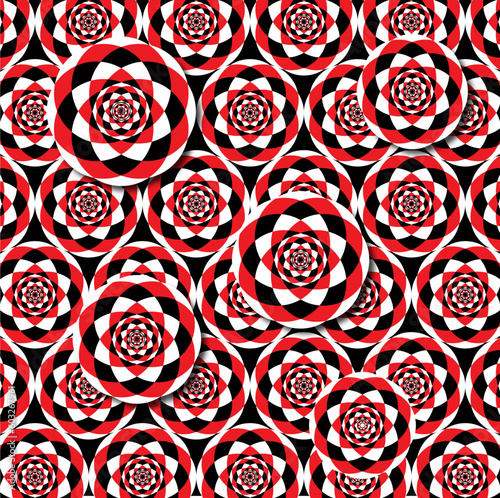 Geometical shape design seamless pattern. Round red white and black pattern photo