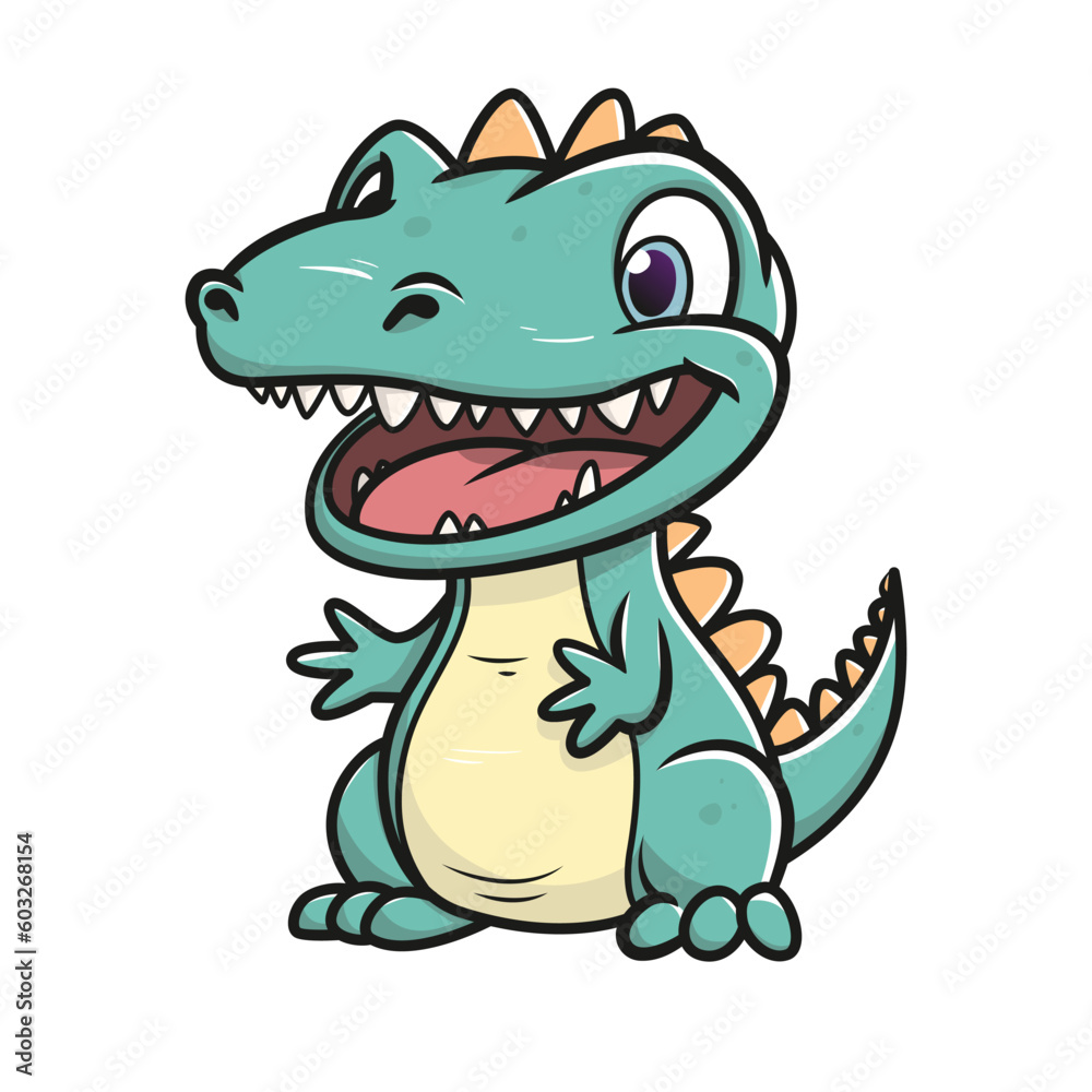 Fototapeta premium Little cute happy dino. Kid dinosaur for stickers or t-shirts. Vector illustration isolated on a white background