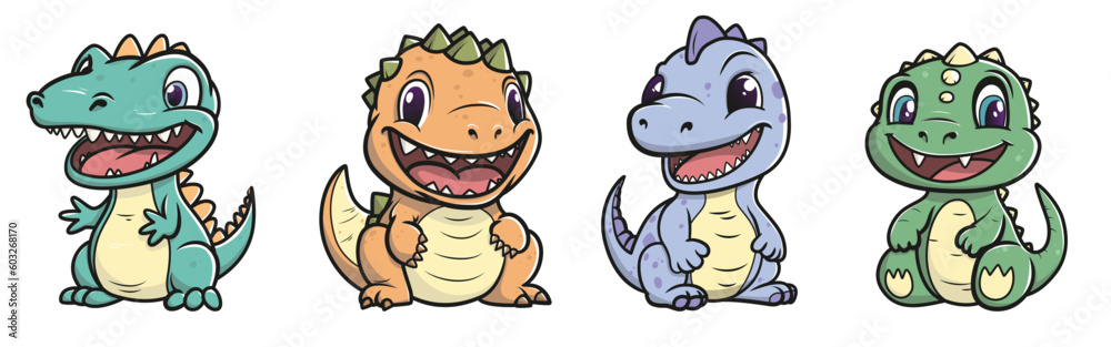 Naklejka premium Little cute happy dinos set. Kid dinosaurs for stickers or t-shirts. Vector illustration isolated on a white background