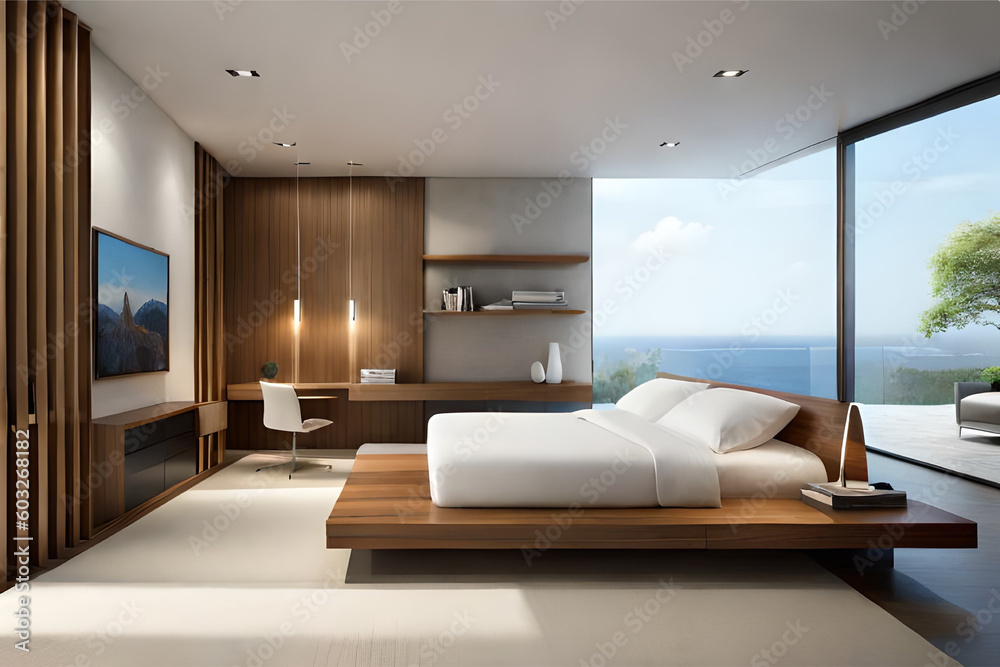 Interior design of a minimalist bedroom with luxurious fabrics, light colors, and big glass windows that exudes tranquility and simplicity | Generative AI Interior design of a minimalist bedroom with luxurious fabrics, light colors, and big glass windows that exudes tranquility and simplicity | Generative AI