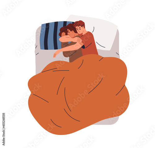 Family couple sleeping in bed, top view. Man hugging, embracing, cuddling wom...