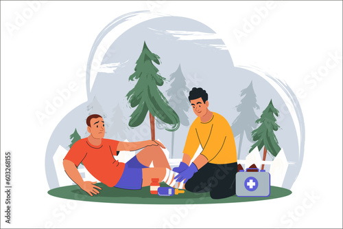 Concept medical first aid with people scene in the flat cartoon style. A doctor provides first aid to a man who sprained his leg in the forest. Vector illustration.