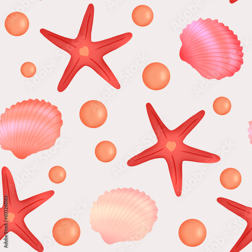 Cute hand drawn seashells and starfishes seamless pattern background illustration