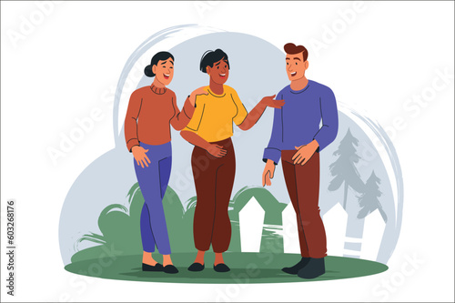 Concept happy people standing together scene in the flat cartoon design. Friends gathered for a walk to have fun. Vector illustration.