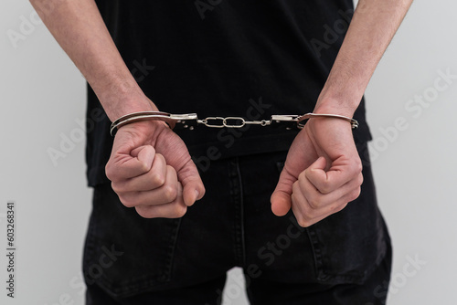 Man's Hands In Handcuffs. criminal
