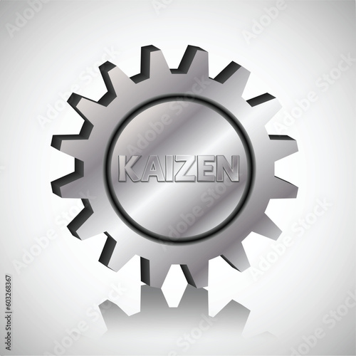 Kaizen text in a silver metal gear wheel. Kaizen is Japanese method of business, that improves process management and production.