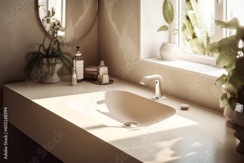 tile sink sunlight interior faucet house bathroom modern design counter luxury. Generative AI.