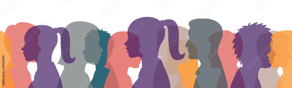 Seamless paternoster banner. Portraits of people in silhouette profile. Coloured silhouettes of people, rally, protests, vector interracial illustration on white background