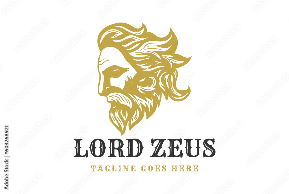 Vintage Greek Old Man Face God Zeus Triton Neptune Philosopher with Beard and Mustache Head Logo Design Vector