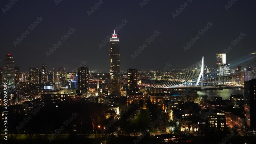 Night Panorama of Rotterdam, Netherlands. Rotterdam, The Netherlands - Aprill, 2023: City Scape,