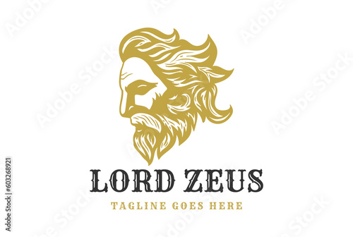 Vintage Greek Old Man Face God Zeus Triton Neptune Philosopher with Beard and Mustache Head Logo Design Vector