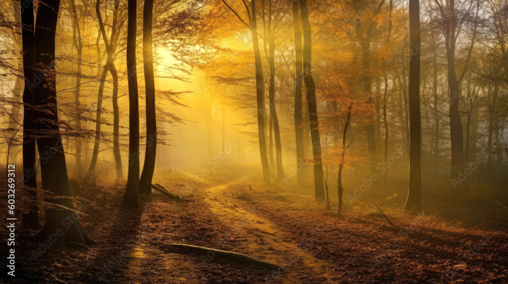 Obraz premium Awe-inspiring beauty of a misty forest at sunrise, where nature's magic unfolds. As the sun gently rises, its golden rays penetrate the dense foliage, illuminating the enchanting scene. Generative AI