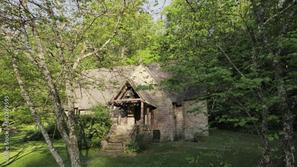 Old Chapel with Church Bell Sunny Evening Zoom in through Trees, Ariel Old Chapel with Church Bell Sunny Evening Zoom in through Trees, Ariel