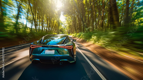 Modern hi technology electric car driving through the winding  countryside road with  the sunset in the background. Generative Ai.