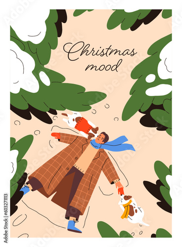 Dog owner and cute puppies in nature on winter holiday. Christmas mood, card ...