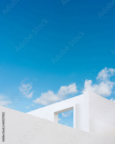 Wall concrete texture with open window against blue sky and clouds, White paint cement building, Ant view Exterior Modern architecture with open door on roof top in Spring,Summer sky