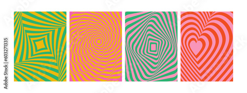 Set of modern optical abstract backgrounds. Optical modern art. Psychedelic illusion, swirls. Hypnotic surreal abstract covers, posters, cards. Vector illustration.