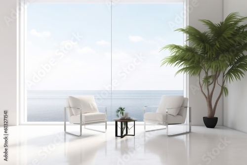 plant interior indoor nobody empty floor window design wall home chair. Generative AI. © VICHIZH