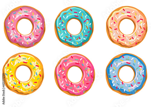 Fototapeta Bundle of 6  sweet colorful donuts with sprinkle