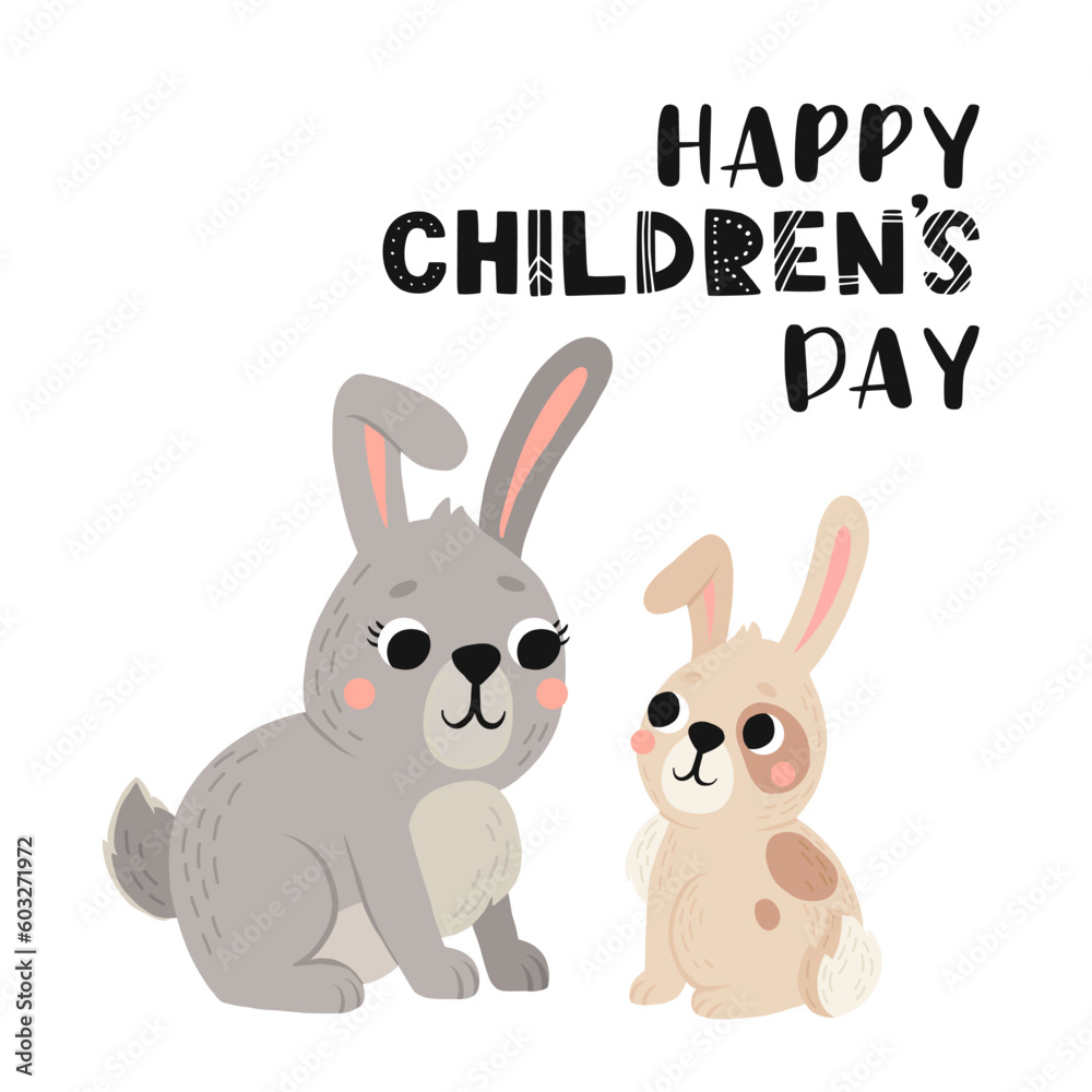 Greeting card for international children's day. cute mommy and baby rabbit in cartoon style. Hare mom and kid colorful illustration for childrens book, postcards and posters. Greeting card for international children's day. cute mommy and baby rabbit in cartoon style. Hare mom and kid colorful illustration for childrens book, postcards and posters.